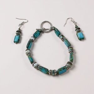 Handcrafted Czech Blue Waters Picasso Bracelet And Earrings Set